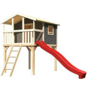 Cabane sur pilotis Benjamin - bois gris - toboggan rouge - Akubi