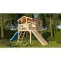 Cabane en bois brut - toboggan bleu - rampe en bois Benjamin Akubi