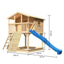 Cabane en bois brut - toboggan bleu - rampe en bois Benjamin Akubi