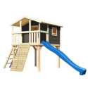 Cabane en bois gris - toboggan bleu - rampe en bois Benjamin Akubi