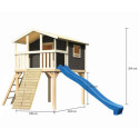 Cabane en bois gris - toboggan bleu - rampe en bois Benjamin Akubi