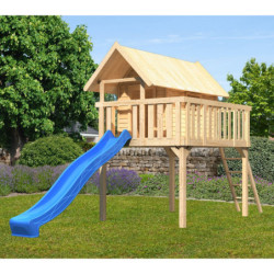Cabane sur pilotis Fidel en épicéa naturel avec toboggan bleu - Akubi
