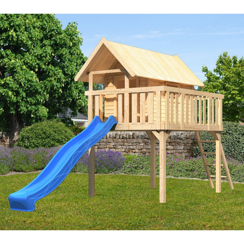 Cabane sur pilotis Fidel en épicéa naturel avec toboggan bleu - Akubi