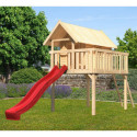 Cabane sur pilotis Fidel en épicéa naturel avec toboggan rouge - Akubi