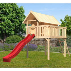 Cabane sur pilotis Fidel en épicéa naturel avec toboggan rouge - Akubi