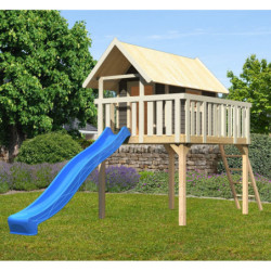 Cabane sur pilotis Fidel en épicéa gris avec toboggan bleu - Akubi