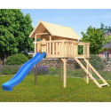 Cabane Fidel en bois brut - toboggan bleu - échelle de cordes - Akubi