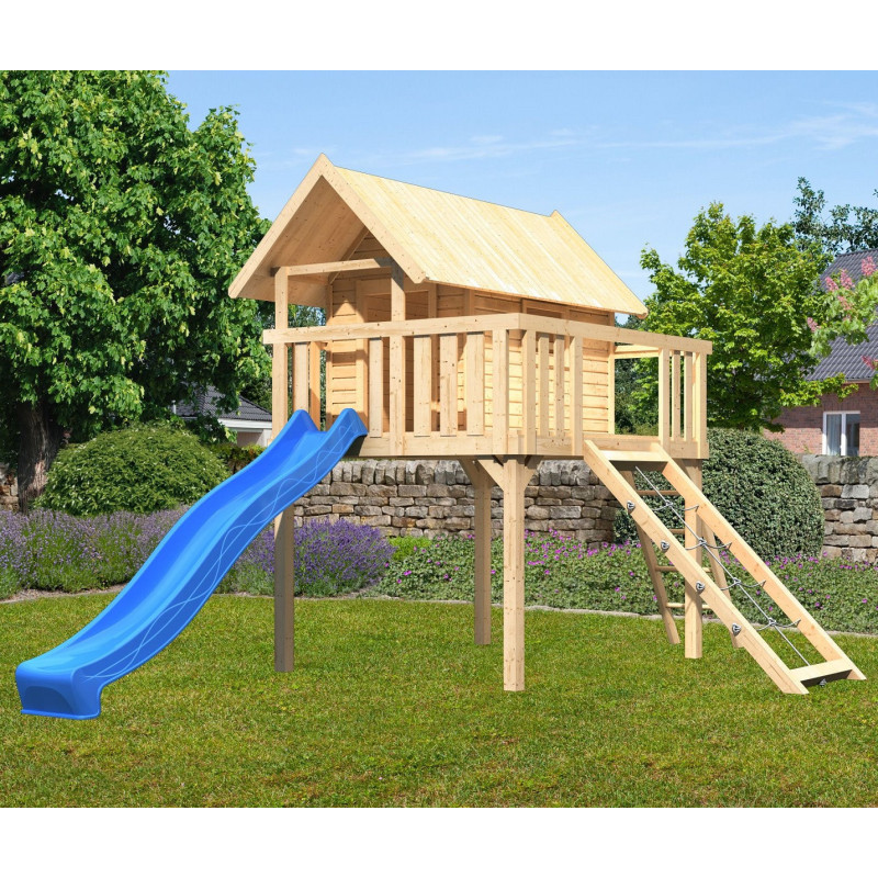 Cabane Fidel en bois brut - toboggan bleu - échelle de cordes - Akubi