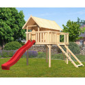 Cabane Fidel en bois brut - toboggan rouge - échelle de cordes - Akubi
