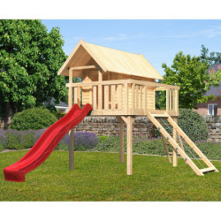 Cabane Fidel en bois brut - toboggan rouge - échelle de cordes - Akubi