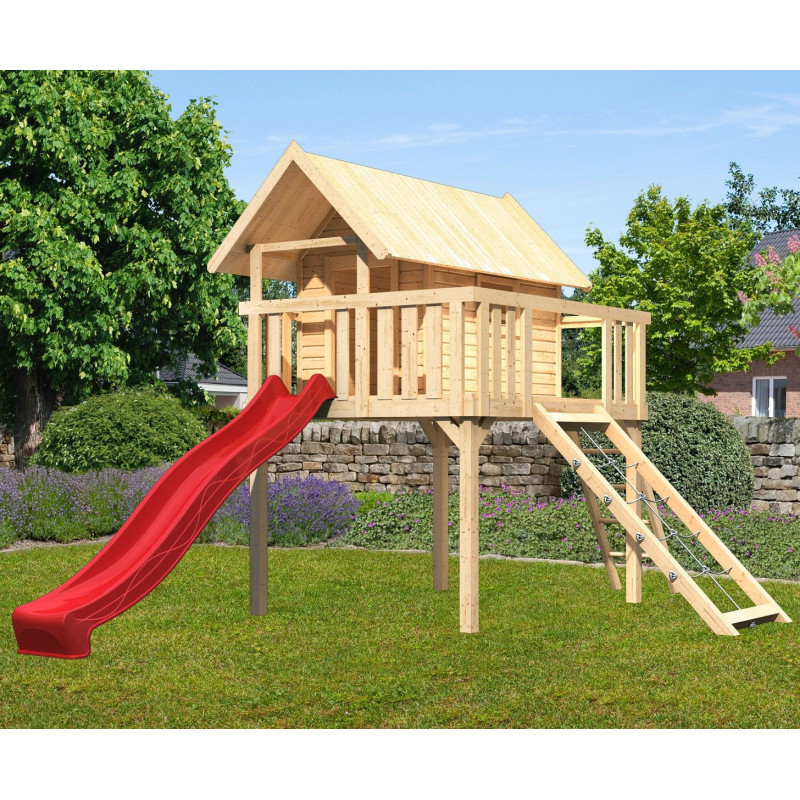 Cabane Fidel en bois brut - toboggan rouge - échelle de cordes - Akubi
