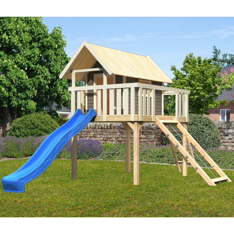 Cabane Fidel en bois gris - toboggan bleu - échelle de cordes - Akubi