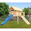 Cabane Fidel en bois brut - toboggan bleu - rampe en bois - Akubi