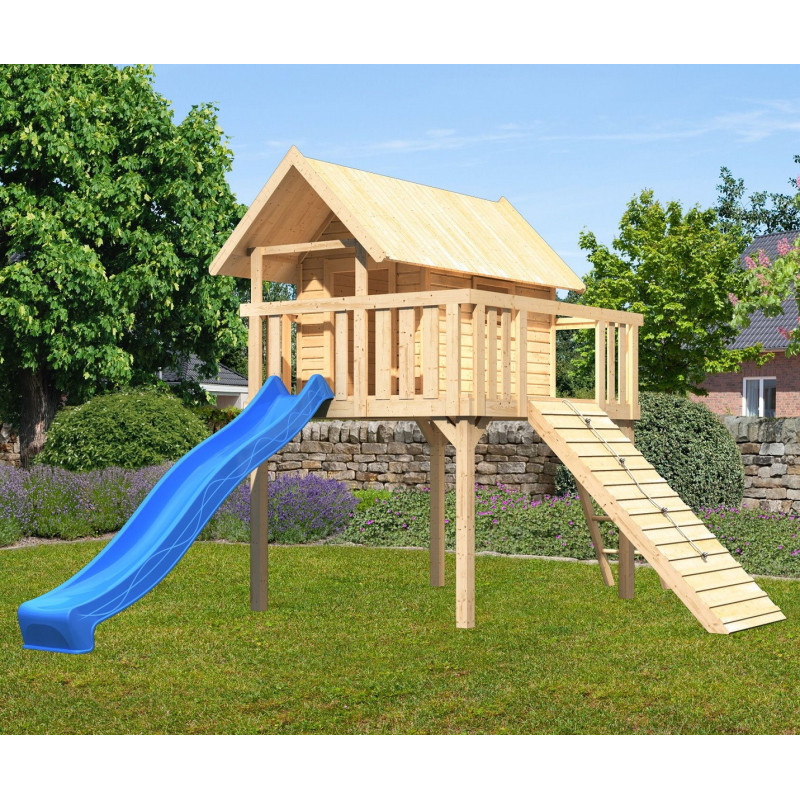 Cabane Fidel en bois brut - toboggan bleu - rampe en bois - Akubi