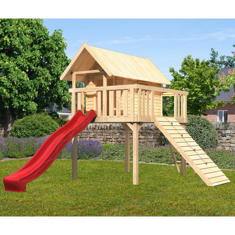 Cabane Fidel en bois brut - toboggan rouge - rampe en bois - Akubi