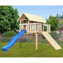 Cabane Fidel en bois gris - toboggan bleu - rampe en bois - Akubi