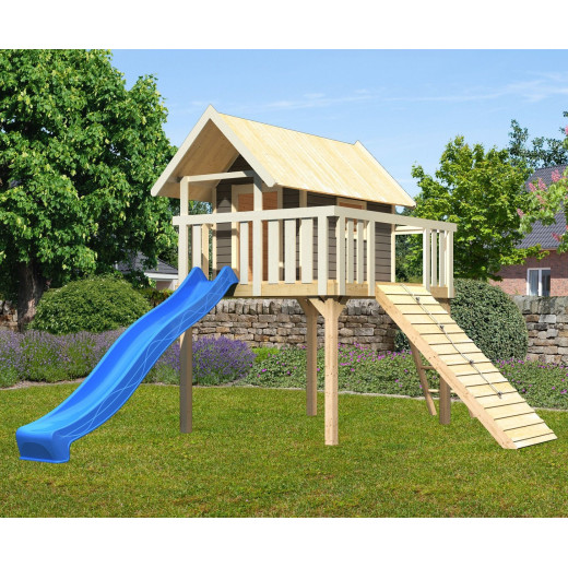Cabane Fidel en bois gris - toboggan bleu - rampe en bois - Akubi