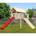 Cabane Fidel en bois gris - toboggan rouge - rampe en bois - Akubi