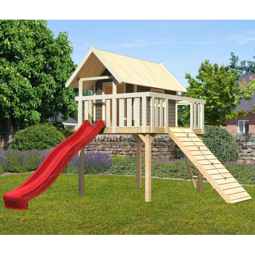 Cabane Fidel en bois gris - toboggan rouge - rampe en bois - Akubi