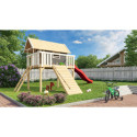 Cabane Fidel en bois gris - toboggan rouge - rampe en bois - Akubi