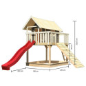 Cabane Fidel en bois gris - toboggan rouge - rampe en bois - Akubi