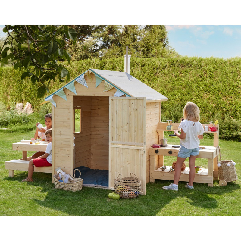 Cabane en bois brut Blanche avec cuisine et table de pique-nique SOULET