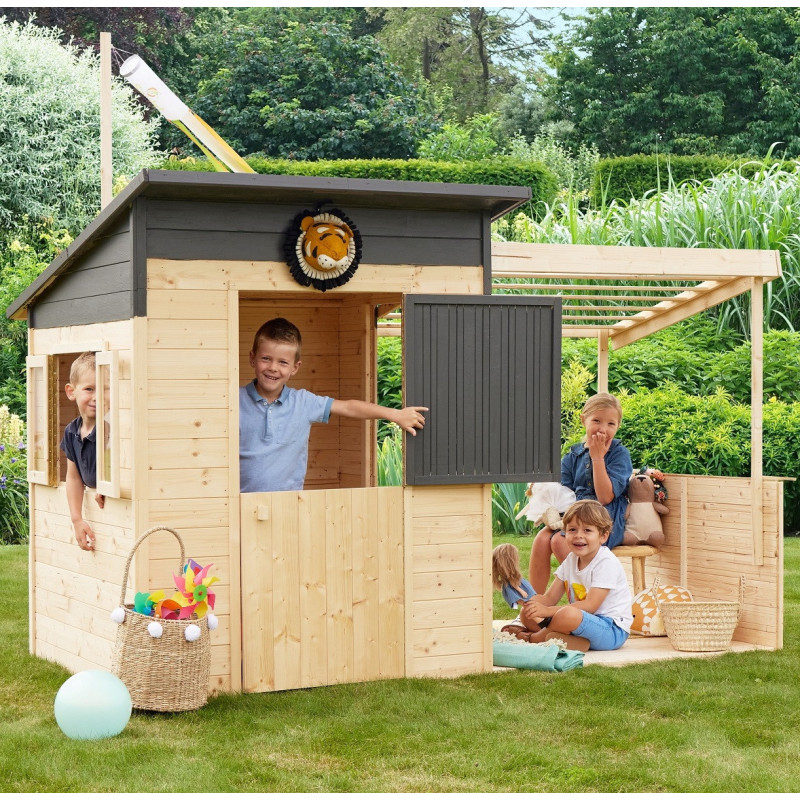 Cabane de jeux en bois brut Santa Barbara avec pergola - SOULET