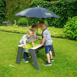 Table de jeux en bois gris avec 2 bacs, parasol et outils - Exit Toys