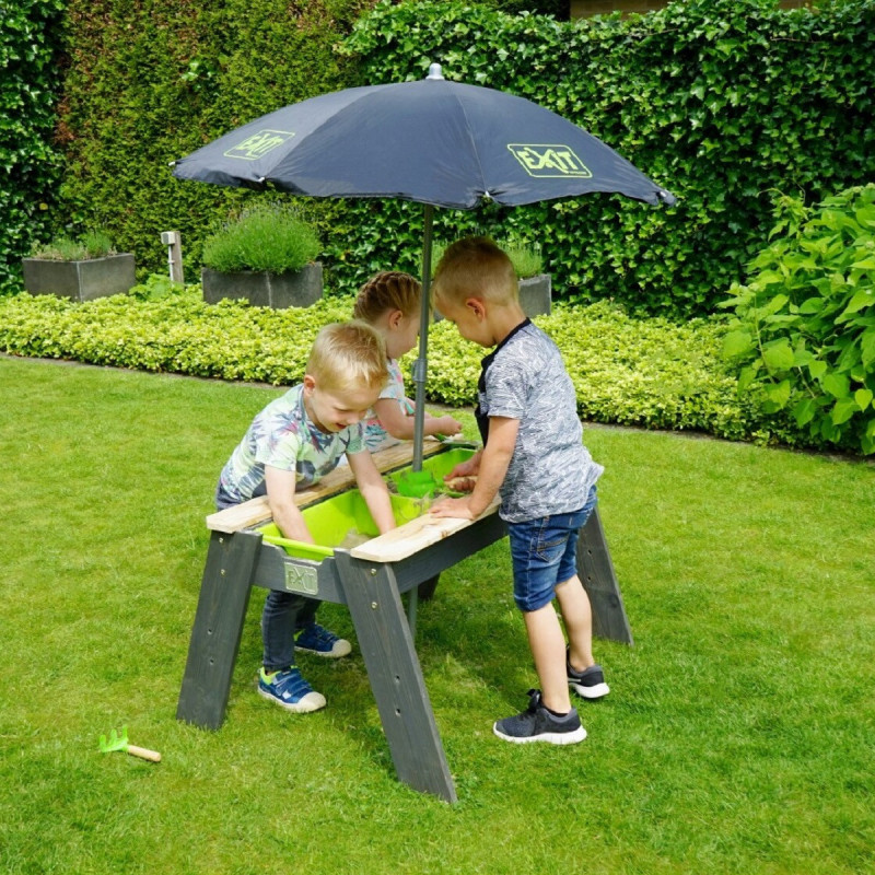 Table de jeux en bois gris avec 2 bacs, parasol et outils - Exit Toys