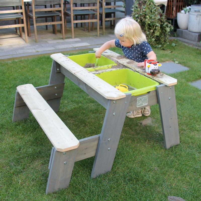 Table de jeux en bois massif avec 2 bacs et 1 banc - Exit Toys