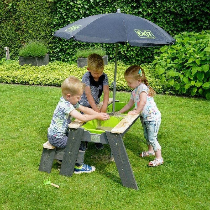 Table de jeux en bois avec 1 banc, parasol et outils - Exit Toys