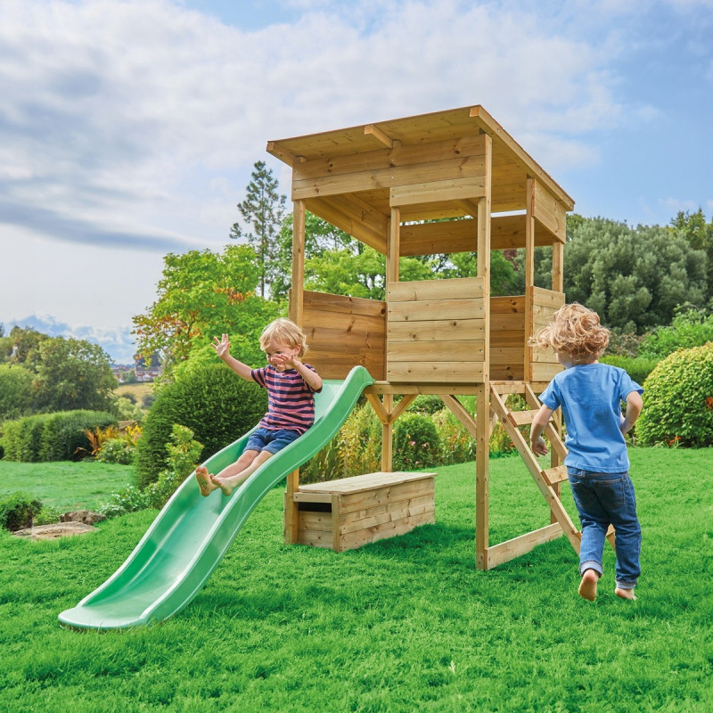 Cabane en bois Wildnis avec toboggan et coffre à jouets Westmann 