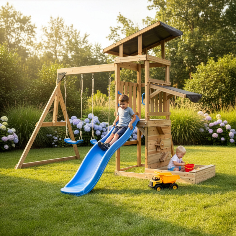 Aire de Jeux Bois Thermo Traité SAGAZ: 2 Balançoires, Toboggan | Abracadaprout