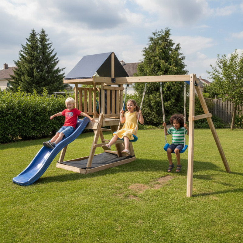 Aire de Jeux Bois Thermo POUET-POUET: 2 Balançoires, Toboggan