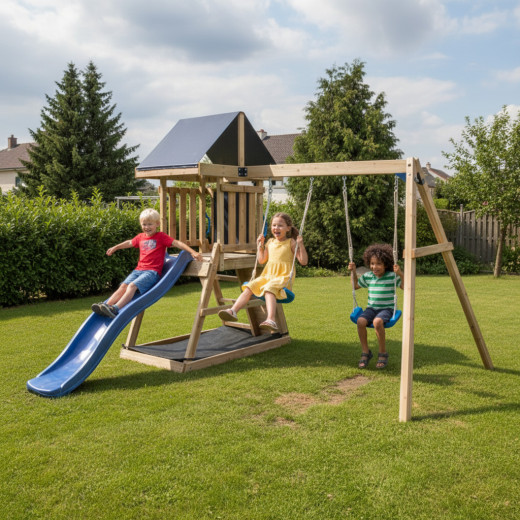 Aire de Jeux Bois Thermo POUET-POUET: 2 Balançoires, Toboggan