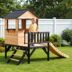 Maisonnette sur pilotis en bois FSC thermo-traité avec toboggan Schplouf - Abracadaprout