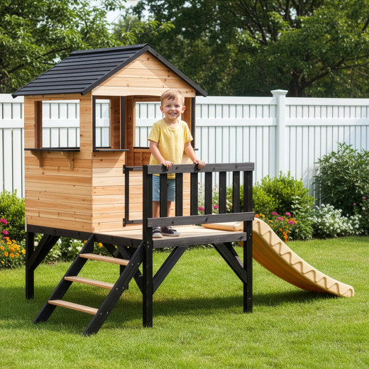 Maisonnette sur pilotis en bois FSC thermo-traité avec toboggan Schplouf - Abracadaprout