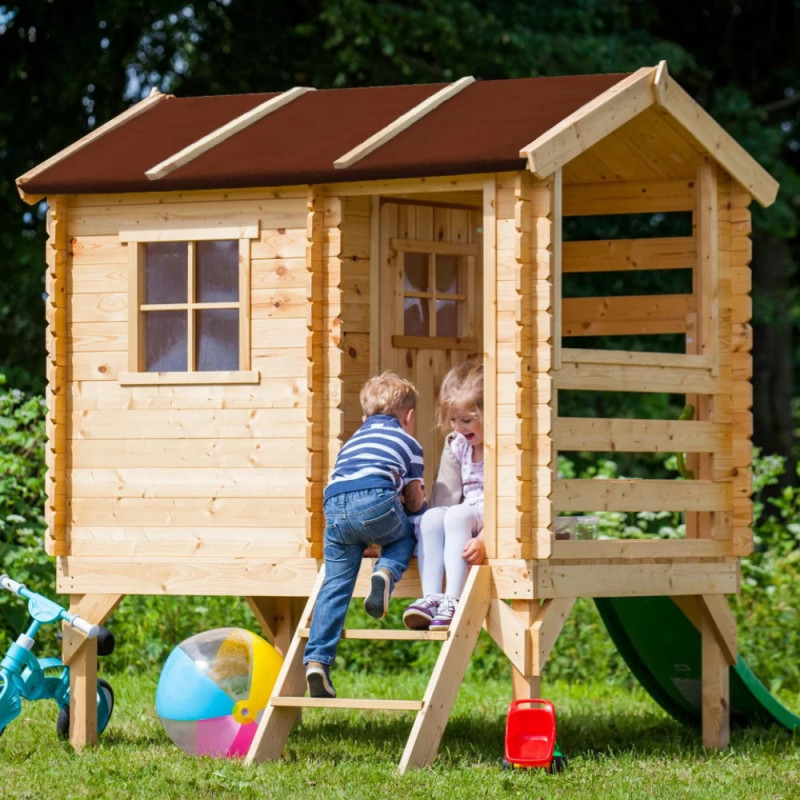 Cabane avec toboggan - bois19mm - 130x164cm - porte semi-vitrée - Timbela