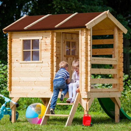 Cabane avec toboggan - bois19mm - 130x164cm - porte semi-vitrée - Timbela
