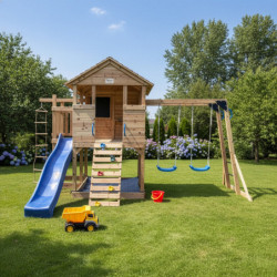 Aire de jeux BUFFALO en bois thermo traité: 2 balançoires, trapèze, toboggan | Abracadaprout