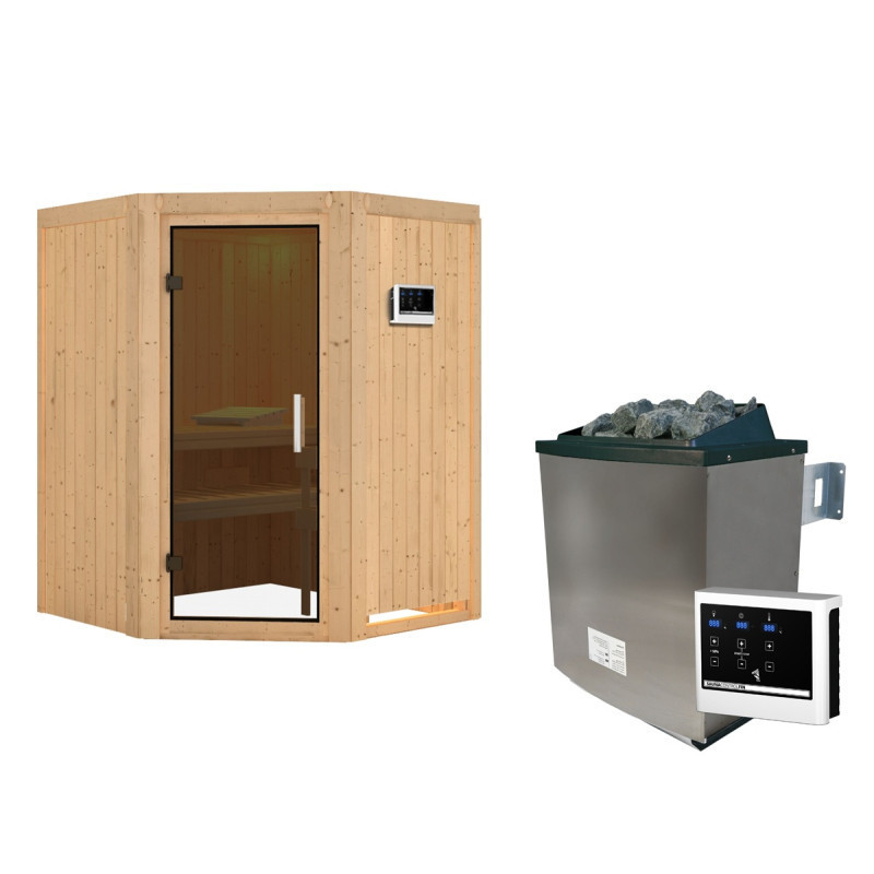 Sauna traditionnel d'angle LARIN poêle avec contrôle externe - avec porte moderne KARIBU
