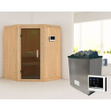 Sauna traditionnel d'angle LARIN poêle avec contrôle externe - avec porte moderne KARIBU