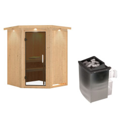 Sauna traditionnel d'angle LARIN poêle avec contrôle intégré - porte moderne KARIBU