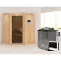 Sauna traditionnel d'angle LARIN avec poêle Easy Bio 9000W - porte moderne KARIBU