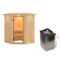 Sauna traditionnel d'angle LARIN poêle avec contrôle intégré - porte en verre claire KARIBU