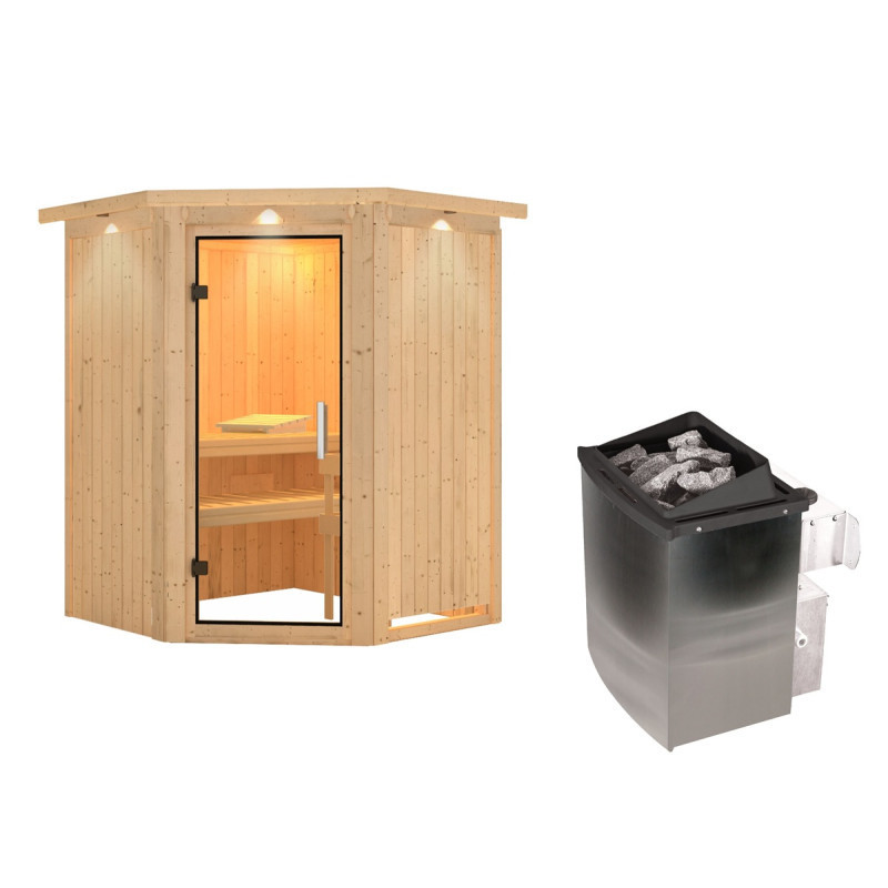 Sauna traditionnel d'angle LARIN poêle avec contrôle intégré - porte en verre claire KARIBU