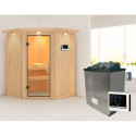 Sauna traditionnel d'angle LARIN poêle avec contrôle externe - porte en verre claire KARIBU