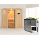 Sauna traditionnel d'angle LARIN avec poêle Easy Bio 9000W - porte en verre claire KARIBU