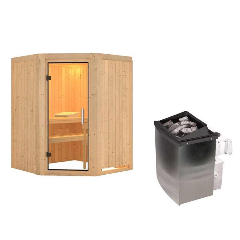Sauna traditionnel d'angle LARIN avec poêle a contrôle intégré - avec porte en verre clair KARIB