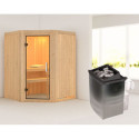 Sauna traditionnel d'angle LARIN avec poêle a contrôle intégré - avec porte en verre clair KARIB